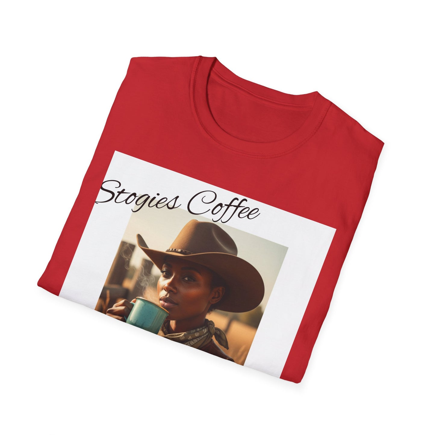 Stogies Coffee Cowgirl T-Shirt — Rugged Cowgirl Sipping Coffee