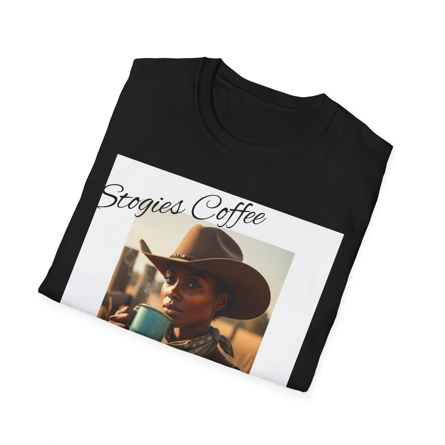Stogies Coffee Cowgirl T-Shirt — Rugged Cowgirl Sipping Coffee