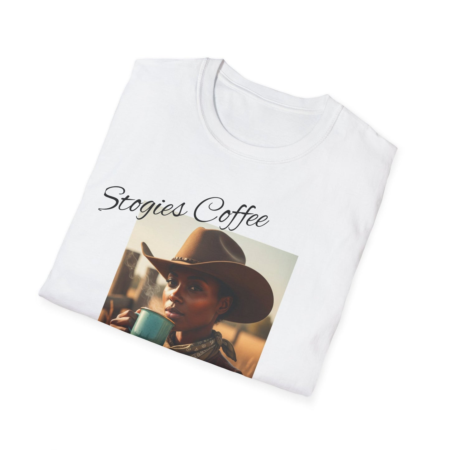Stogies Coffee Cowgirl T-Shirt — Rugged Cowgirl Sipping Coffee