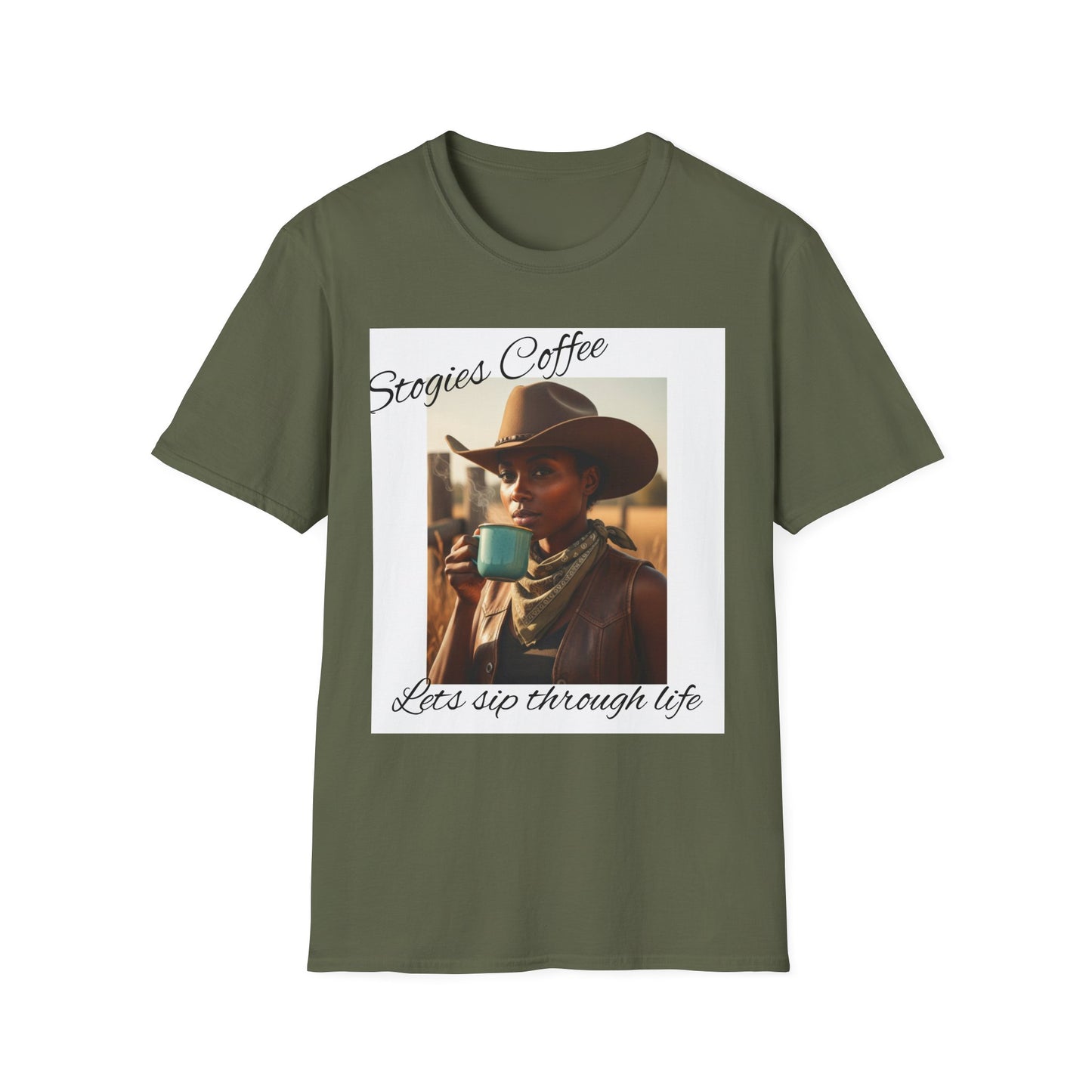 Stogies Coffee Cowgirl T-Shirt — Rugged Cowgirl Sipping Coffee