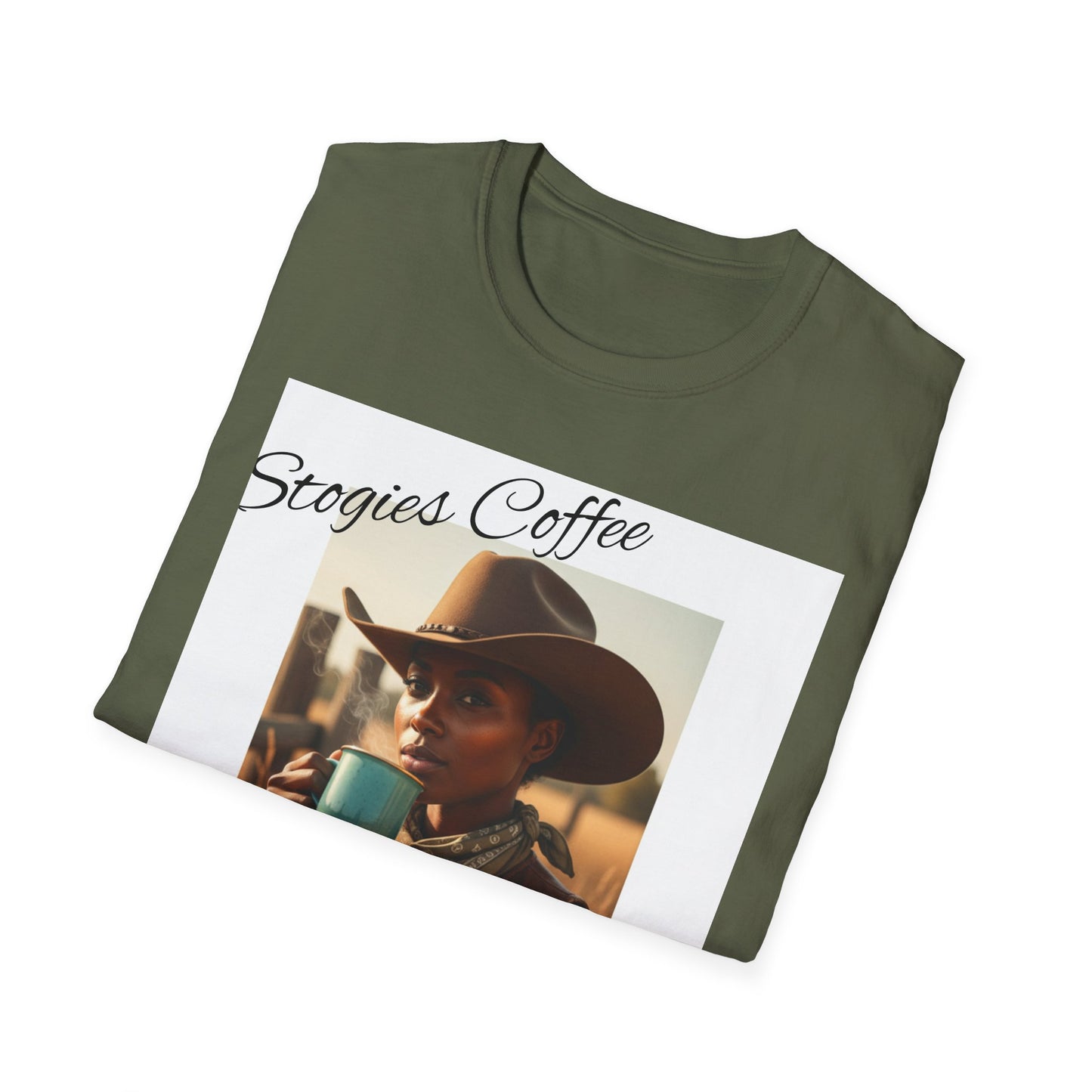 Stogies Coffee Cowgirl T-Shirt — Rugged Cowgirl Sipping Coffee