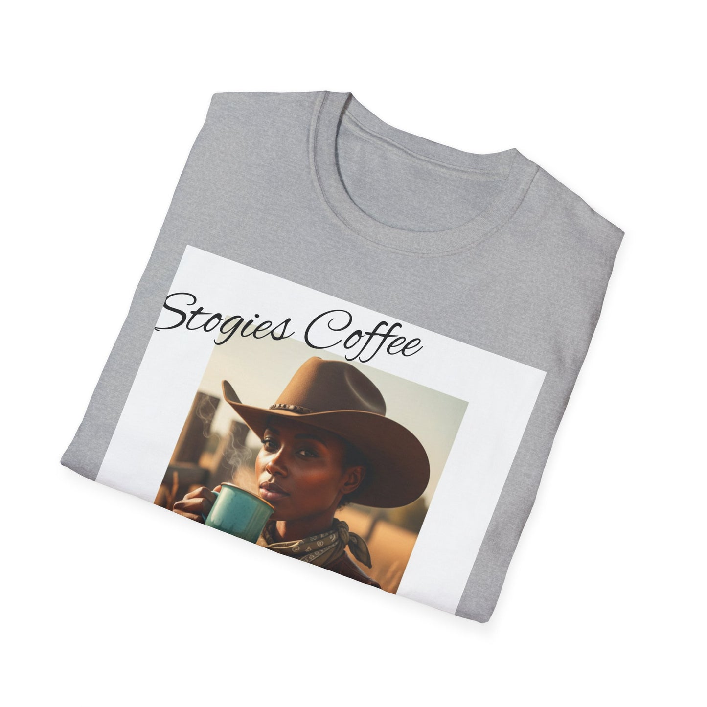 Stogies Coffee Cowgirl T-Shirt — Rugged Cowgirl Sipping Coffee