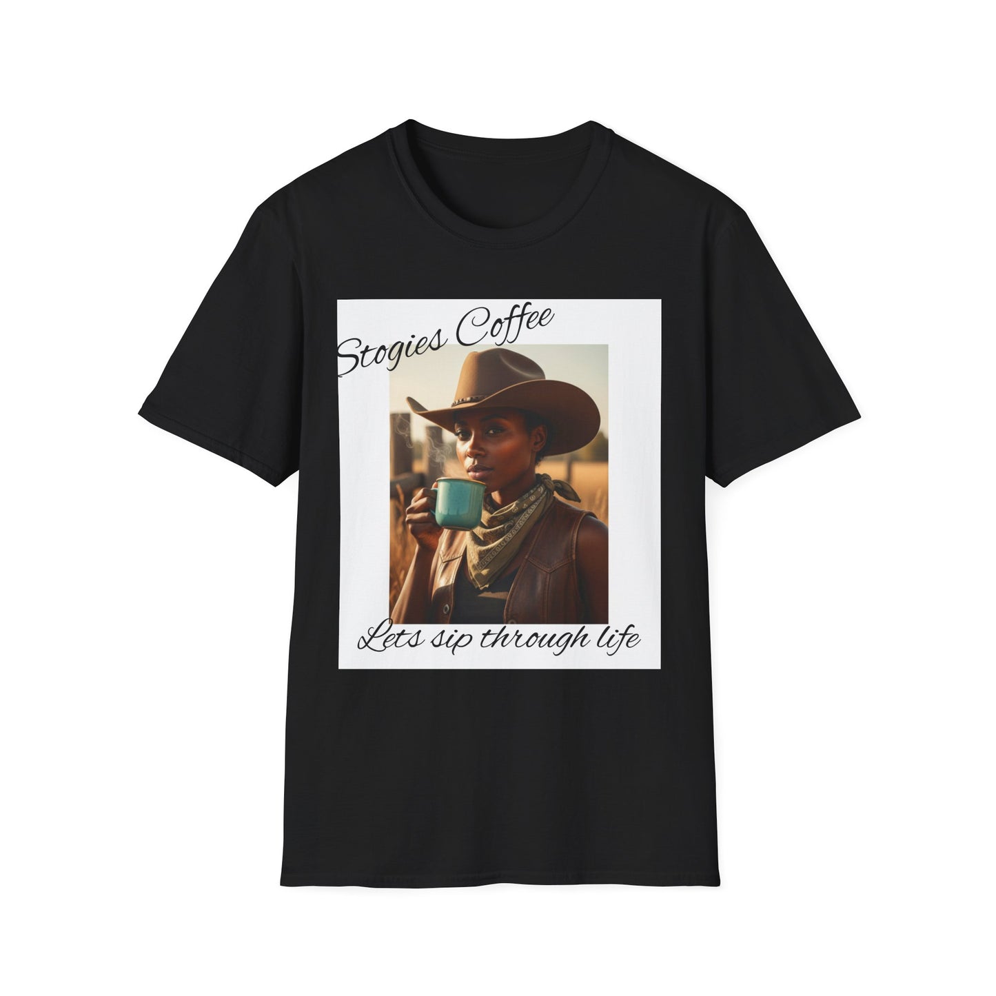 Stogies Coffee Cowgirl T-Shirt — Rugged Cowgirl Sipping Coffee