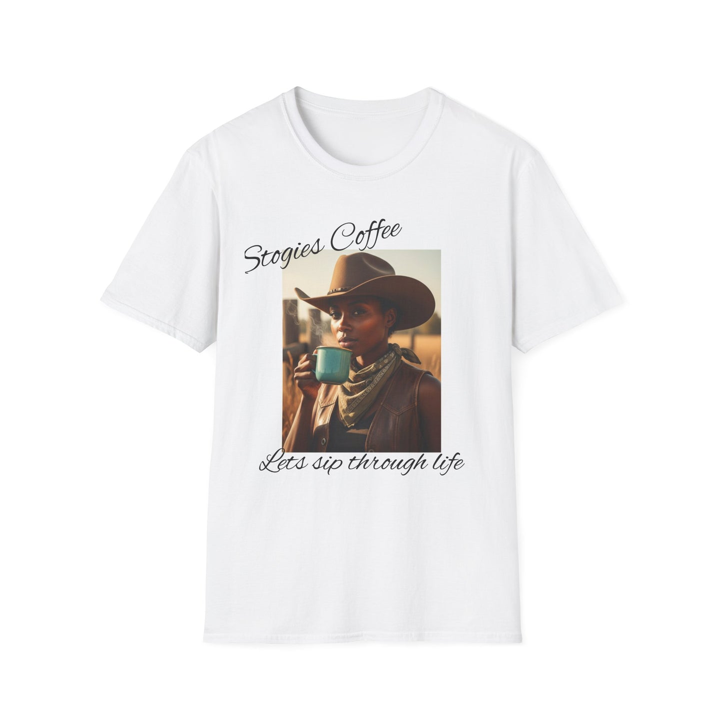 Stogies Coffee Cowgirl T-Shirt — Rugged Cowgirl Sipping Coffee