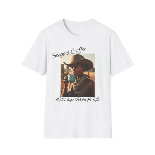 Stogies Coffee Cowgirl T-Shirt — Rugged Cowgirl Sipping Coffee
